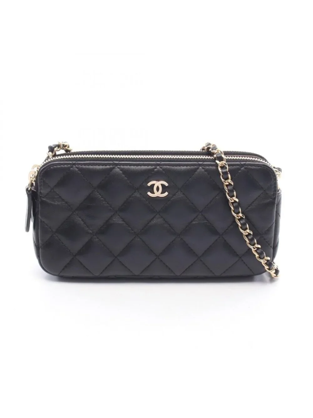 Chanel Shoulder Bag Quilted Black Lambskin Phone Case Chain Wallet